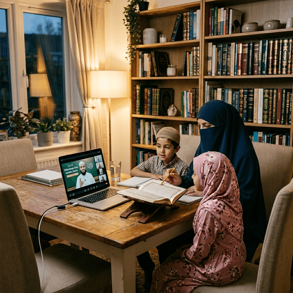 A family engaged in online Quran learning with International Quranic Academy